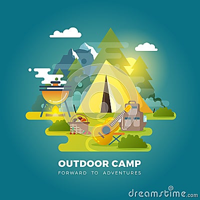 Vector camping background with tourist tent Vector Illustration