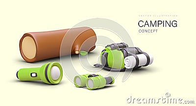 Vector camping concept for web design. 3D log, backpack, binoculars, flashlight in plasticine style Vector Illustration