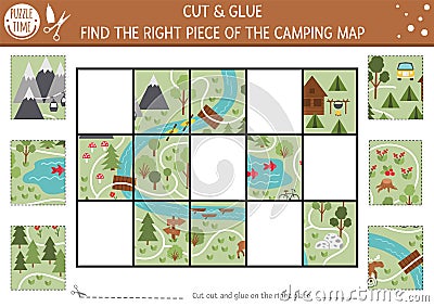 Vector camping cut and glue activity. Summer camp educational crafting game with cute scene. Fun printable worksheet for children Vector Illustration