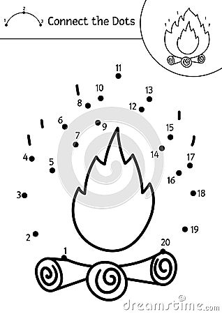 Vector camping dot-to-dot and color activity with cute fire on logs. Summer camp connect the dots game for children. Funny Vector Illustration