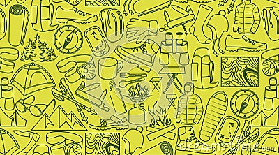 Vector camping and hiking line icons background texture seamless pattern Vector Illustration