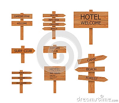 Vector Camping Wooden Signs Collection, Beach Objects Set, Pointers, illustration Isolated Vector Illustration
