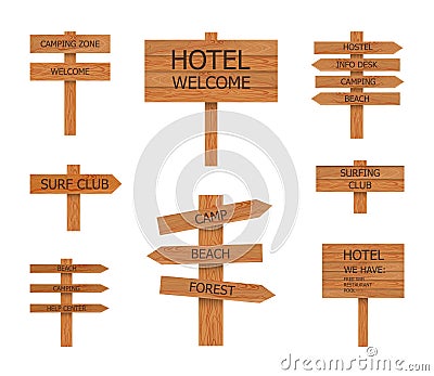 Vector Camping Wooden Signs Collection, Beach Pointer, illustrations. Vector Illustration