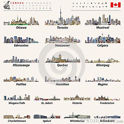 Vector Canada largest cities and all states capitals skylines Vector Illustration