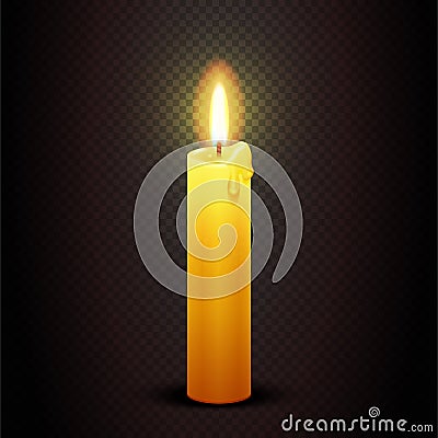 Vector candle with flame on transparent checkered dark background, candlelight christmas and birthday card template Vector Illustration