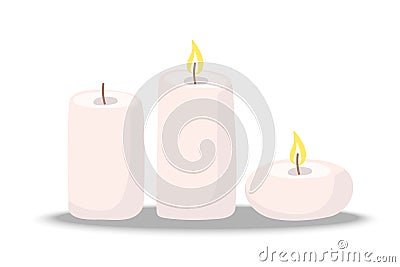 Vector candles collection set. Two wax cylindic round shape candle different sizes and one round. Burning and extinct Vector Illustration