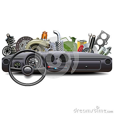 Vector Car Dashboard with Spare Parts Vector Illustration
