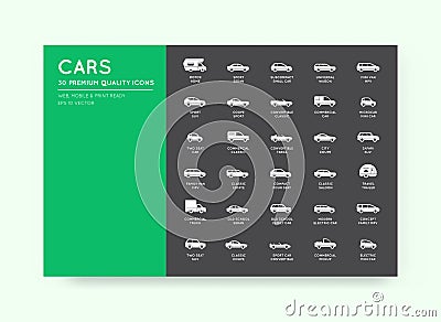 Vector Car Icons Set with All Car Types and Names Vector Illustration