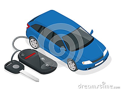 Vector car rental or sale concept. Car and Car Keys and charm of the alarm system. Flat 3d isometric vector illustration Vector Illustration