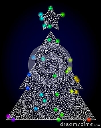 Vector Carcass Mesh Christmas Tree with Spectrum Colored Glowing Spots Vector Illustration