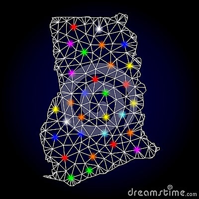 Vector Carcass Mesh Map of Ghana with Light Spots for New Year Vector Illustration