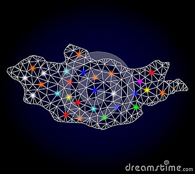 Vector Carcass Mesh Map of Mongolia with Glare Spots for Christmas Vector Illustration