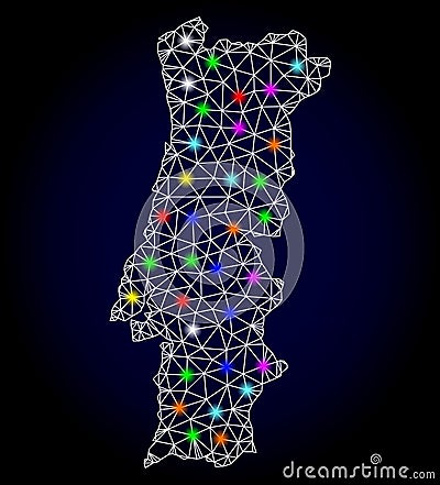 Vector Carcass Mesh Map of Portugal with Glare Spots for Christmas Vector Illustration