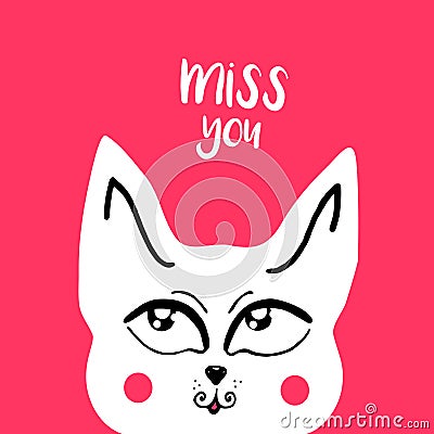 Vector card, banner lettering letters I miss you, cute cartoon cat with a thoughtful look Vector Illustration