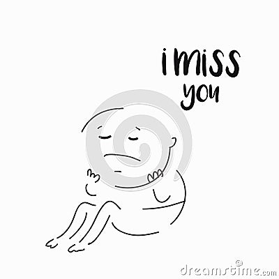 Vector card, banner, script lettering I miss you, man cartoon doodle drawn by hand Stock Photo