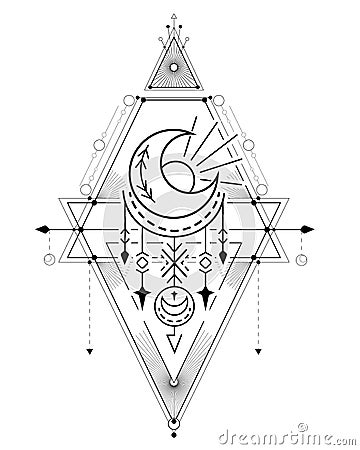 Vector card with black esoteric symbol with crescent, star, sun and geometric decorations. Contour space sacred decoration. Vector Illustration