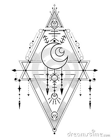 Vector card with black esoteric symbol with crescent, star, sun and geometric decorations. Image with contour space sacred Vector Illustration