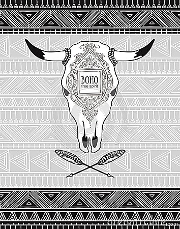 Vector card with crossed ethnic arrows and bull skull on the tribal ornamental background. Vector Illustration