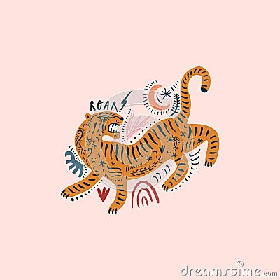 Vector card with cute ornate boho asian style tiger. Beautiful animal print design. Fashionable stylish poster Stock Photo