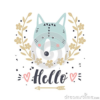 Vector card with cute wolf. Illustration for children`s prints, greetings, posters, t-shirt, packaging, invites. Cute Vector Illustration