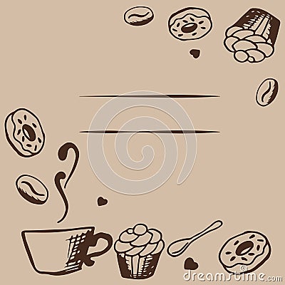 Vector card design with hand drawn coffee and dessert illustration. Coffee shop or cafe template. Decorative background Vector Illustration