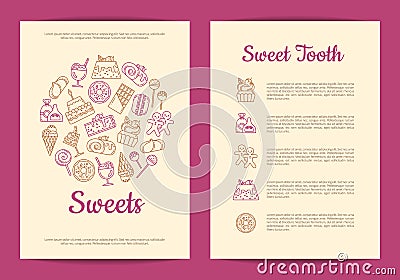 Vector card or flyer template for pastry or confectionary shop with linear style sweets icons Vector Illustration