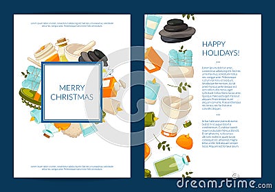 Vector card or flyer templates set with cartoon beauty and spa elements Vector Illustration