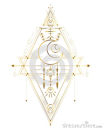 Vector card with golden esoteric symbol with crescent, star, sun and geometric decorations. Luxury image Vector Illustration