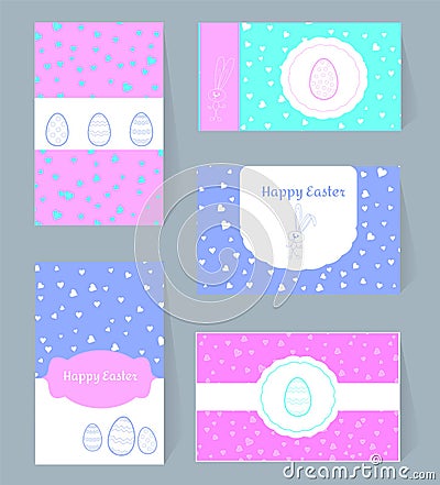 Vector card Happy Easter templates with eggs, rabbits, hearts and white frames border box. Illustration typographic design for Vector Illustration