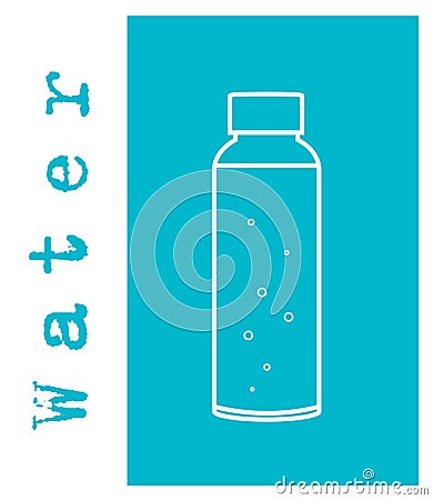 Vector card with outline bottle and text `water`. Vector illustration. Vector Illustration