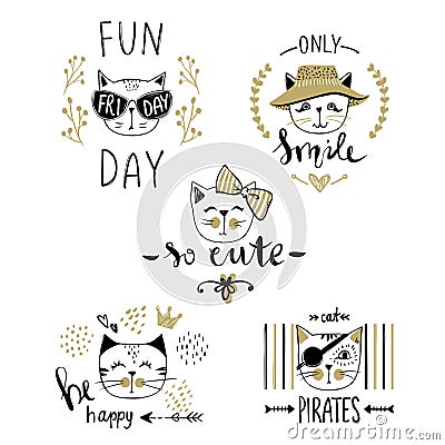 Vector card series with cute fashion cats. Stylish kitten set. T Vector Illustration