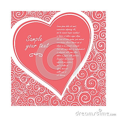 Vector card in shape of heart on a rose background of ornate pattern. Design wedding invitation, greeting Valentine`s Vector Illustration