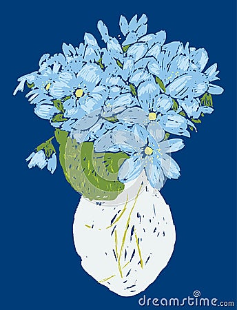 Vector card with sketch of bouquet blue violets in vase Vector Illustration