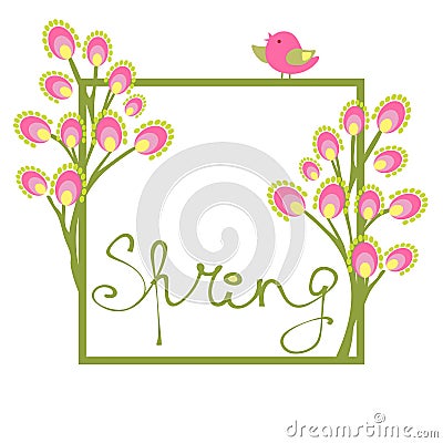 Vector card spring. Bird on a willow Vector Illustration