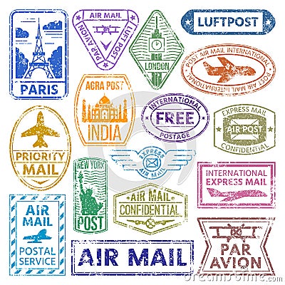 Vector card stamps vintage postage countries all over world stamp different mail grunge postmark illustration. Vector Illustration