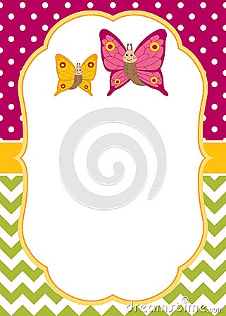 Vector Card Template with Cartoon Butterflies on Polka Dot and Chevron Background. Vector Butterflies. Vector Illustration