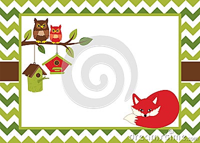 Vector Card Template with a Cartoon Fox, Owls and Birdhouses on Chevron Background. Vector Illustration