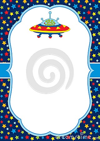 Vector Card Template with a Cute Alien and UFO on Stars Background. Vector Illustration