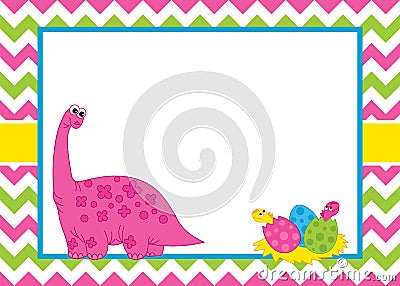 Vector Card Template with a Cute Cartoon Dinosaur on Chevron Background. Vector Illustration