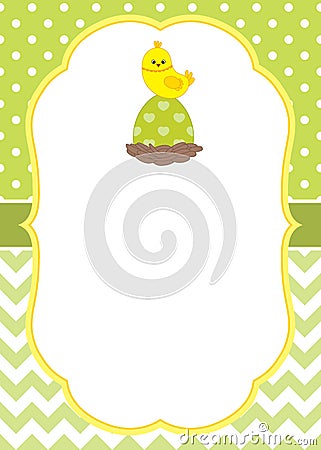 Vector Card Template with a Cute Chick on Polka Dot and Chevron Background. Easter Card Template. Vector Illustration