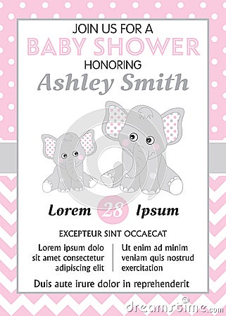 Vector Card Template with Cute Elephants for Baby Girl Shower Vector Illustration
