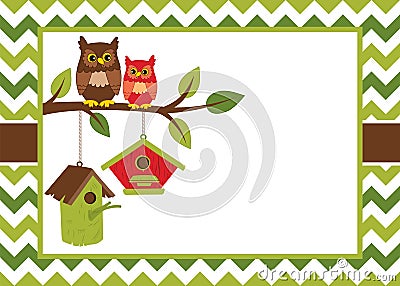 Vector Card Template with Cute Owls on the Branch, Birdhouses on Chevron Background. Vector Illustration