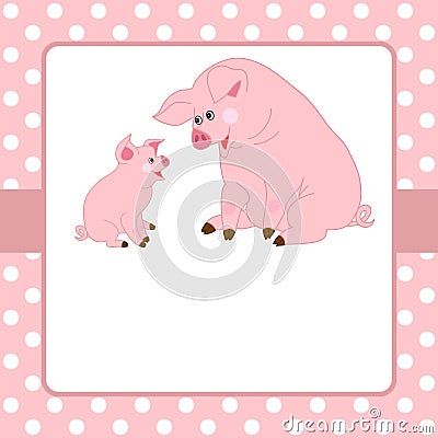 Vector Card Template with Cute Pigs and Polka Dot Background Vector Illustration