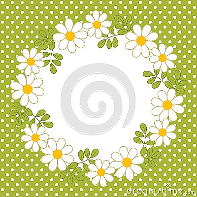 Vector Card Template with a Floral Wreath on Polka Dot Background. Vector Summer Wreath with Daisy. Vector Illustration