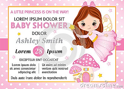 Vector Card Template with Little Fairy and Amanita for Baby Girl Shower. Vector Baby Girl Vector Illustration