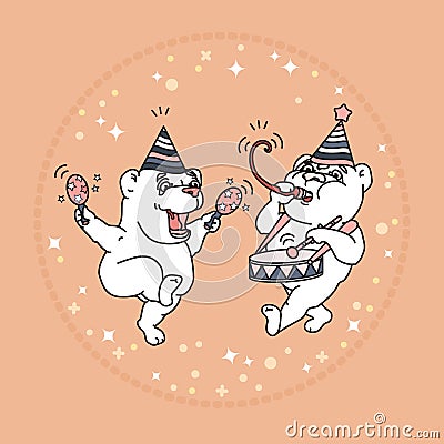 Vector card with two cute bears in party hats. Vector Illustration