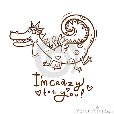 Vector card by Valentine`s Day with cute cartoon dragon in love. Crazy animal print. Funny holiday character. Vector Illustration
