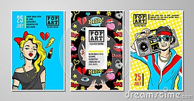 Vector cards and banners in 80s-90s comic style. Vector Illustration