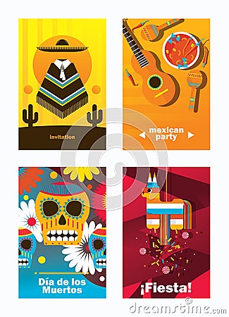 Vector cards with mexica elements. Vertical design templates dedicated to mexico, decorated with pinata, sombrero, sculls and mexi Stock Photo