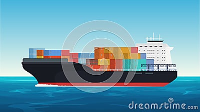 Vector Cargo ship with containers in the ocean. Delivery, transportation, shipping freight transportation. Vector Illustration